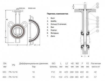 Затвор дисковый поворотный межфланцевый AVK 820/00 PN 16 DN 350