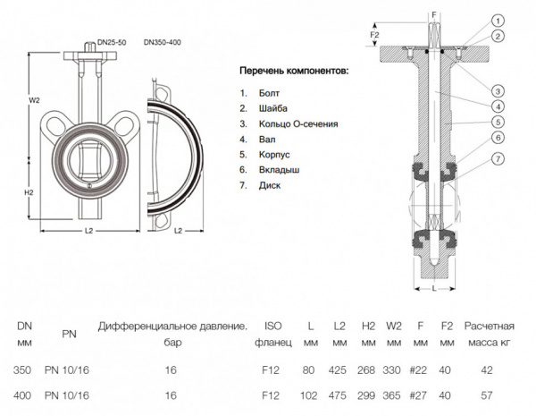Затвор дисковый поворотный межфланцевый AVK 820/00 PN 16 DN 350