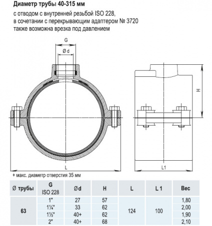 Врезной хомут HAWLE 5250 DN 63 PN 16 системы HAKU с отводом с внутренней резьбой 1"