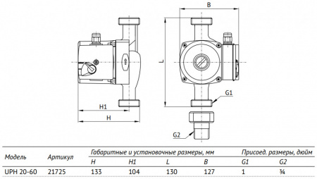 Насос циркуляционный Unipump UPH 20-60 130 с мокрым ротором H=6м Q=43л/мин арт. 68103