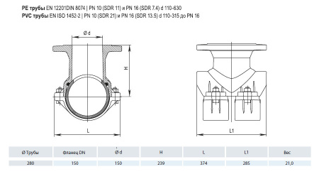 Врезной хомут HAWLE 5230 DN 280/150 PN 16 фланцевый системы Haku