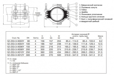Хомут AVK 52/253 DN 250 PN 16 ремонтный с отводом универсальный для воды