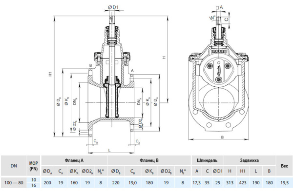 Задвижка HAWLE 4150E3 DN 100-80 PN 16 фланцевая клиновая чугунная с обрезиненным клином переходная Задвижка HAWLE 4150E3 DN 100-80 PN 16 фланцевая клиновая чугунная с обрезиненным клином переходная