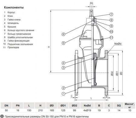 Задвижка VGA D17.04 DN 50 PN 16 L=150 мм фланцевая клиновая чугунная с маховиком с обрезиненным клином