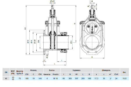 Задвижка HAWLE 4041E3 System 2000 DN 65/75 PN 16 фланец-раструб клиновая чугунная с обрезиненным клином