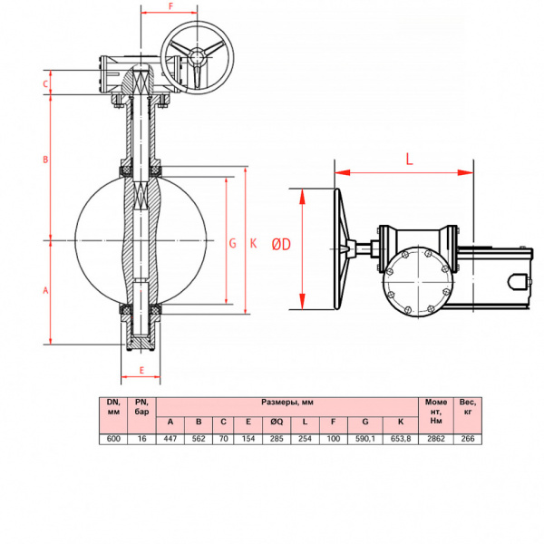 Затвор дисковый поворотный РАШВОРК 201 Ду600 Ру16 межфланцевый чугунный, диск – нерж. сталь AISI304 (CF8), уплотнение EPDM