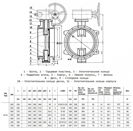 Затвор дисковый Benarmo 2210RA DN 250 PN 10/16 поворотный фланцевый двухэксцентриковый с редуктором