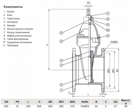 Задвижка VGA D17.04 DN 250 PN 10 L=250 мм фланцевая клиновая чугунная с маховиком с обрезиненным клином