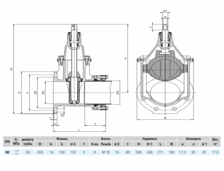 Задвижка HAWLE 4041E2 System 2000 DN 80/90 PN 16 фланец-раструб клиновая чугунная с обрезиненным клином