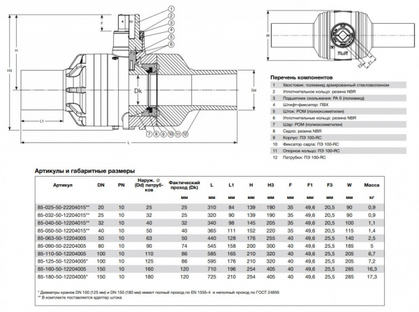 Кран шаровый AVK 85/501 DN 40 PN 10 полиэтиленовый полнопроходный