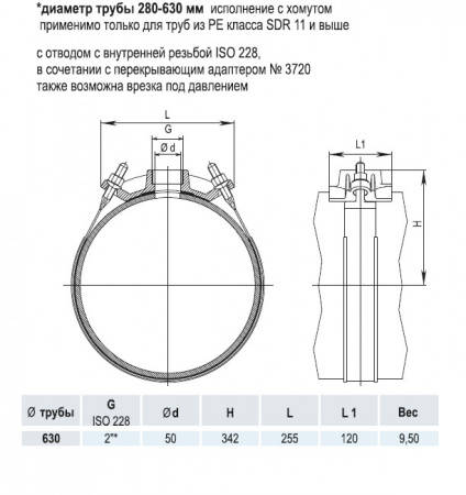 Врезной хомут HAWLE 5250 DN 630 PN 16 системы HAKU с отводом с внутренней резьбой 2"*