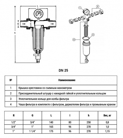 Фильтр промывной VALFEX VF.381 НР 1" DN 25 PN 16 с манометром никелированный