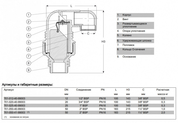 Клапан AVK 701/40 DN 12 PN 16 воздушный комбинированный резьбовой