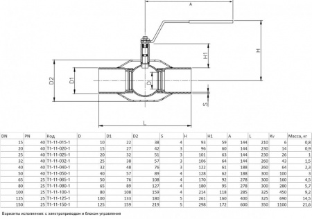 Редуцированный шаровой кран под приварку Ситал Т1-11-1 DN 15 PN 40 с ручкой Редуцированный шаровой кран под приварку Ситал Т1-11-1 DN 15 PN 40 с ручкой