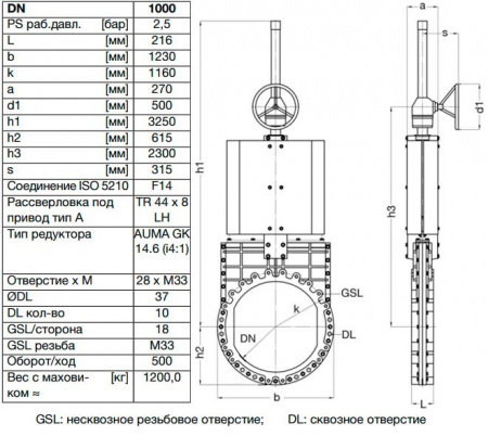 Задвижка шиберная ножевая VAG ZETA DN 1000 PN 10 со штурвалом