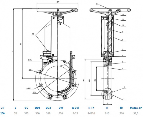 Задвижка стальная шиберная ножевая DENDOR K51GV DN 250