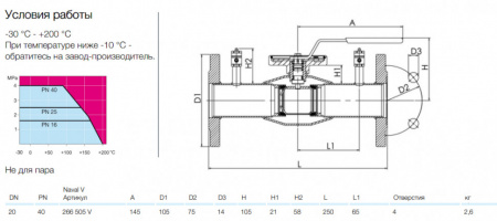Кран шаровой NAVAL NAVALTRIM 266505 V DN 20 PN 40 регулирующий нержавеющий фланцевый