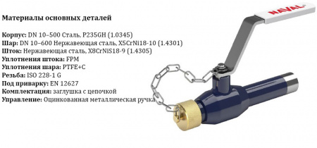 Кран шаровой NAVAL 284023 DN 15 PN 40 стальной стандартнопроходный резьба и заглушка/сварка