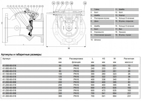 Клапан AVK 41/60 DN 150 PN 16 обратный поворотный с эластичным уплотнением фланцевый