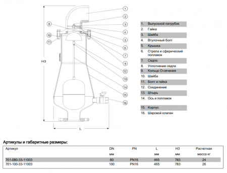Клапан AVK 701/33 DN 80 PN 16 воздушный кинетический фланцевый