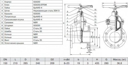 Задвижка ADL ГРАНАР KR20 Ду 150 Ру 16 фланцевая клиновая чугунная под штурвал с электроприводом с обрезиненным клином
