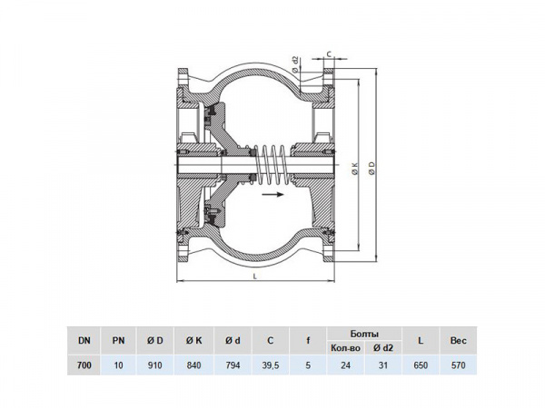 Клапан обратный Hawle 9887 DN 700 PN 10 фланцевый осевой