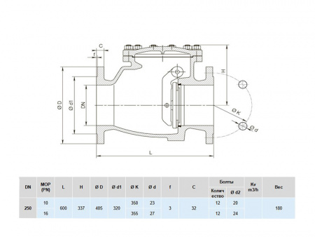 Клапан обратный Hawle 9820 DN 250 фланцевый с рычагом и противовесом
