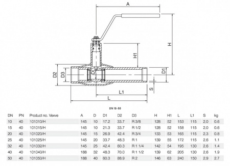 Кран шаровой Vexve 101/H DN 40 PN 40 стальной Кран шаровой Vexve 101/H DN 40 PN 40 стальной