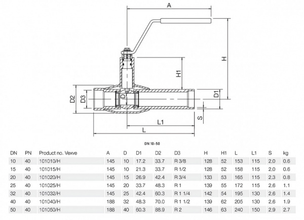 Кран шаровой Vexve 101/H DN 50 PN 40 стальной Кран шаровой Vexve 101/H DN 50 PN 40 стальной