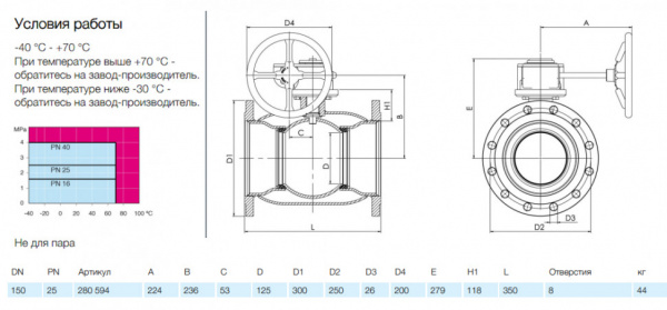 Кран шаровой NAVAL 280594 DN 150 PN 25 стальной стандартнопроходный фланцевый для газа с редуктором