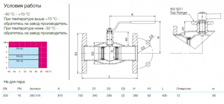 Кран шаровой NAVAL 280516 DN 200 PN 16 стальной стандартнопроходный фланцевый для газа
