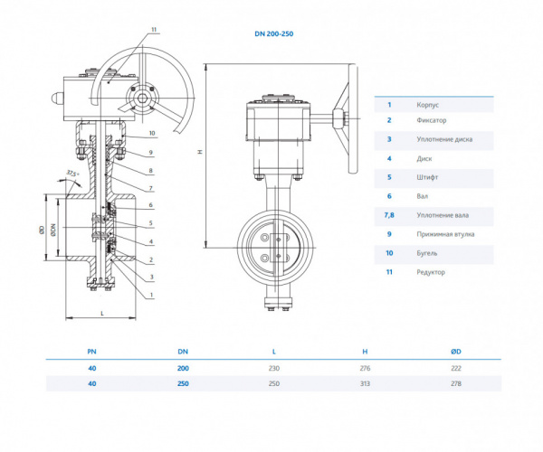 Затвор DENDOR 027W DN 250 PN 40 поворотный дисковый с тремя эксцентриситетами под приварку стальной
