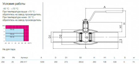 Кран шаровой NAVAL 280417 DN 250 PN 25 стальной стандартнопроходный под приварку для газа