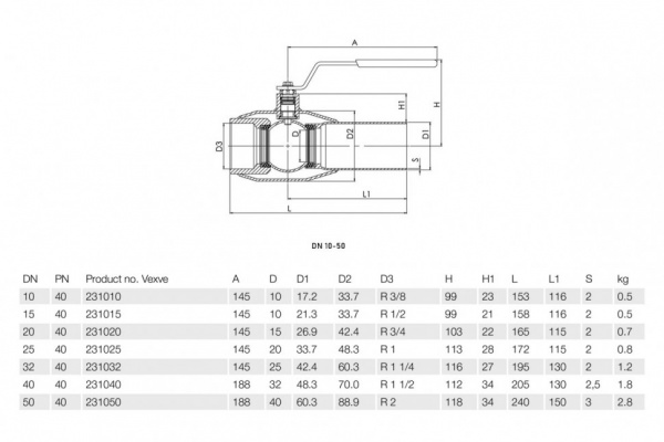 Кран шаровой Vexve 231 ВР 2" DN 50 PN 40 нержавеющая сталь Кран шаровой Vexve 231 ВР 2" DN 50 PN 40 нержавеющая сталь