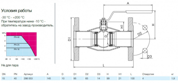 Кран шаровой NAVAL 286553 DN 15 PN 40 нержавеющий стандартнопроходный фланцевый
