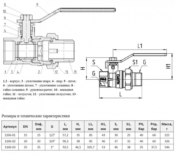 Кран шаровой Aquasfera Standard 1106 DN 15 PN 40 неполнопроходной муфта-резьба (американка)