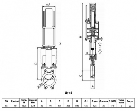 Задвижка шиберная СМО A-01-D/A-M Ду 65 Ру 10 с пневмоприводом одностронняя чугунная межфланцевая