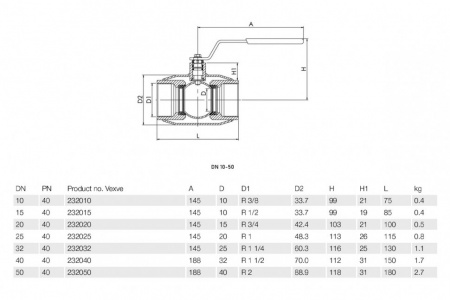 Кран шаровой Vexve 232 ВР 1 1/2" DN 40 PN 40 нержавеющая сталь