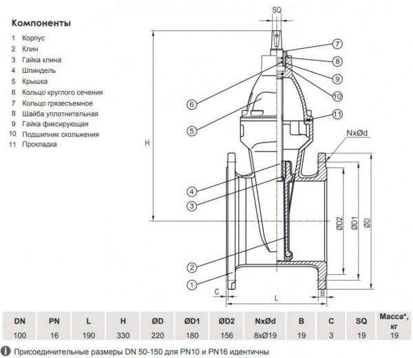 Задвижка VGA D17.04 DN 100 PN 16 L=190 мм фланцевая клиновая чугунная с маховиком с обрезиненным клином Задвижка VGA D17.04 DN 100 PN 16 L=190 мм фланцевая клиновая чугунная с маховиком с обрезиненным клином