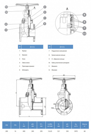 Задвижка GROSS DN 200 PN 16 фланцевая с обрезиненным клином с маховиком длинная