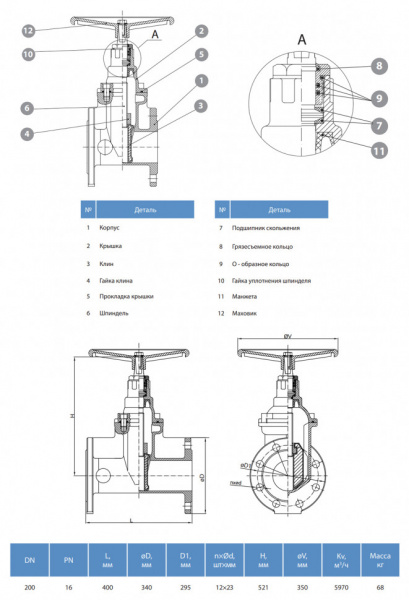 Задвижка GROSS DN 200 PN 16 фланцевая с обрезиненным клином с маховиком длинная