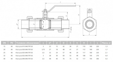 Кран шаровой цельносварной LD КШ.Ц.Ш.040.040.П/П.02 Ду 40 Ру 40 стальной полнопроходный штуцерный