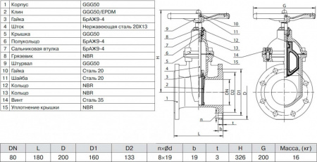 Задвижка ADL ГРАНАР KR20 Ду 80 Ру 16 фланцевая клиновая чугунная под штурвал с электроприводом с обрезиненным клином