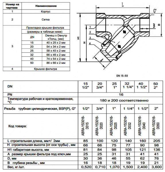 Фильтр сетчатый ABRA YS-3016-D ВР 1 1/2" DN 40 PN 16 резьбовой чугунный Фильтр сетчатый ABRA YS-3016-D ВР 1 1/2" DN 40 PN 16 резьбовой чугунный