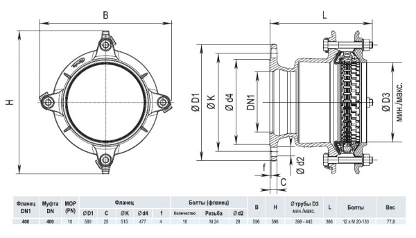 Фланец HAWLE Synoflex 7994 DN 400 (398-442 мм) универсальный фиксирующий