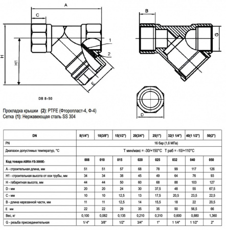 Фильтр сетчатый ABRA YS-3000E ВР 3/4" DN 20 PN 16 резьбовой латунный Фильтр сетчатый ABRA YS-3000E ВР 3/4" DN 20 PN 16 резьбовой латунный