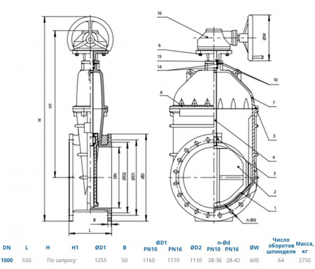 Задвижка DENDOR 47GV DN 1000 PN 16 фланцевая клиновая чугунная под штурвал с обрезиненным клином