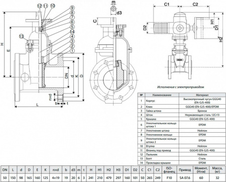 Задвижка ADL ГРАНАР KR15 Ду 50 Ру 16 фланцевая клиновая чугунная с электроприводом AUMA SA 07.6 с обрезиненным клином