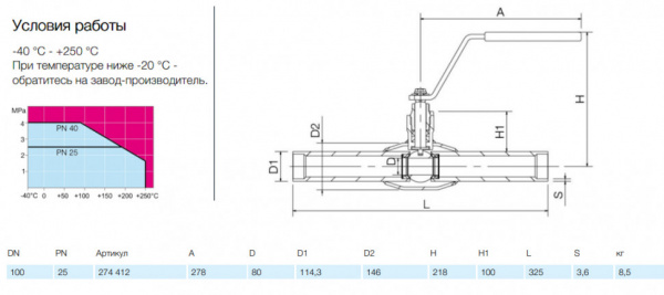 Кран шаровой NAVAL NAVALSTEAM 274412 DN 100 PN 25 стальной стандартнопроходный под приварку для пара